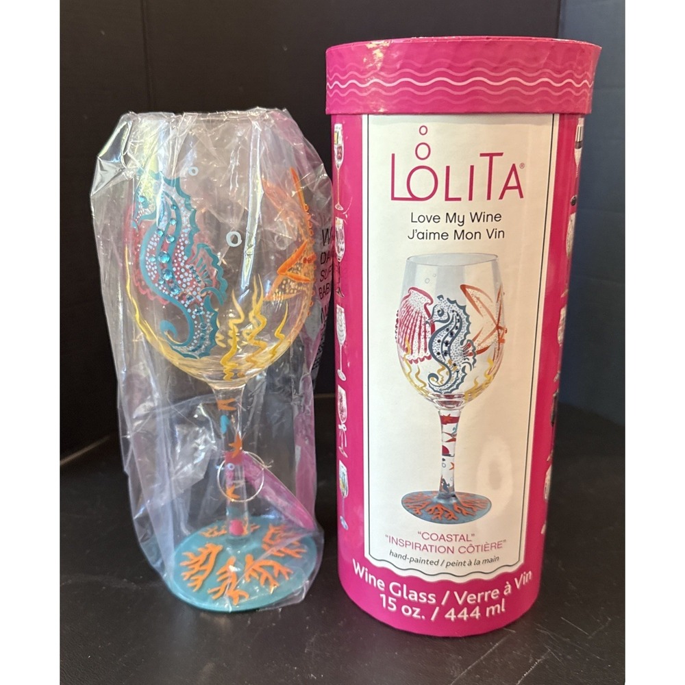 Lolita Coastal Seahorse Seashell Starfish Handpainted Wine Glass 15 oz Box NEW